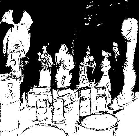 Ink Drawing by Quentin Shaw of his recollection dream vision of teh EE         Apocolyptic show, featuring an apperance by sulfuric worms