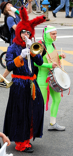 honk festival boston, parading bunny trombone and drums