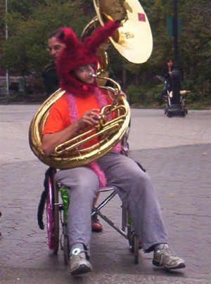 honk festival boston, parading bunny trombone and drums